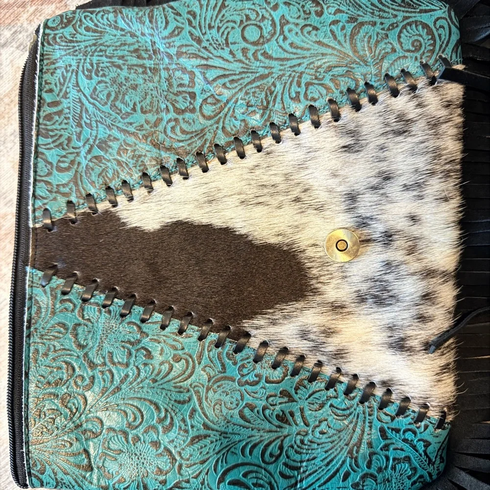 Turquoise Accent Cowhide Tooled Fringe Crossbody Bag - Picture 7 of 9